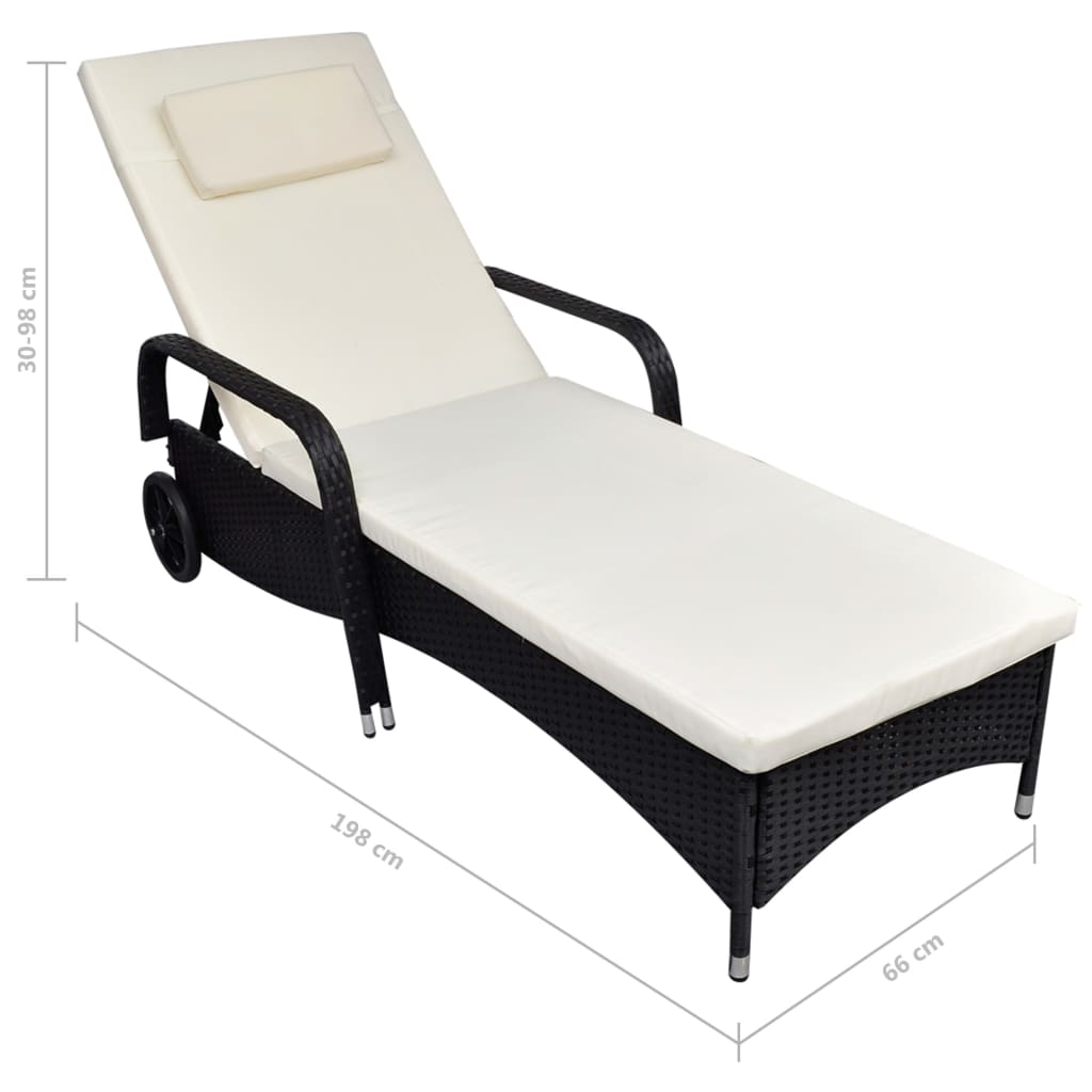 Sun Lounger with Wheels Poly Rattan Black