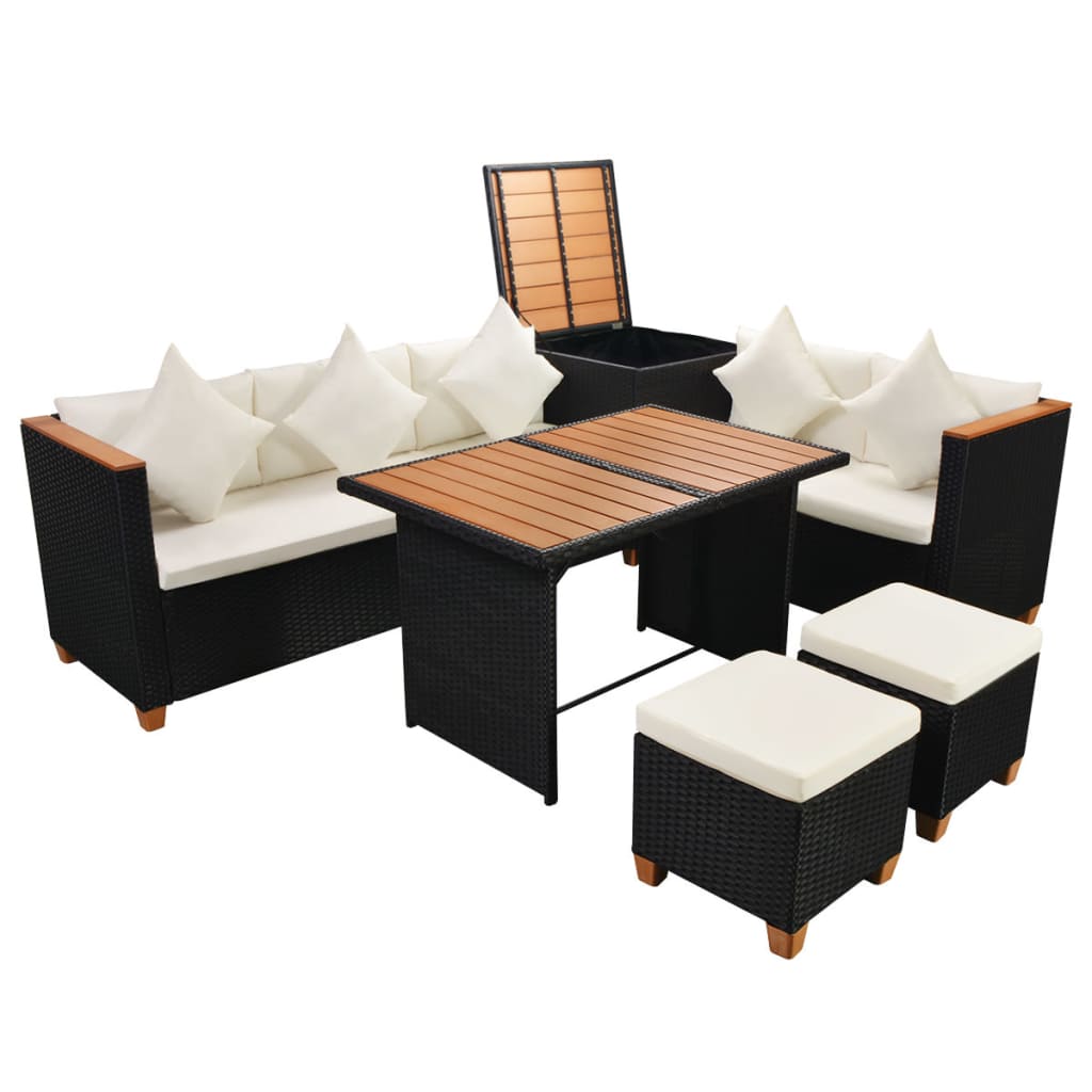 7 Piece Garden Lounge Set with Cushions Poly Rattan Black