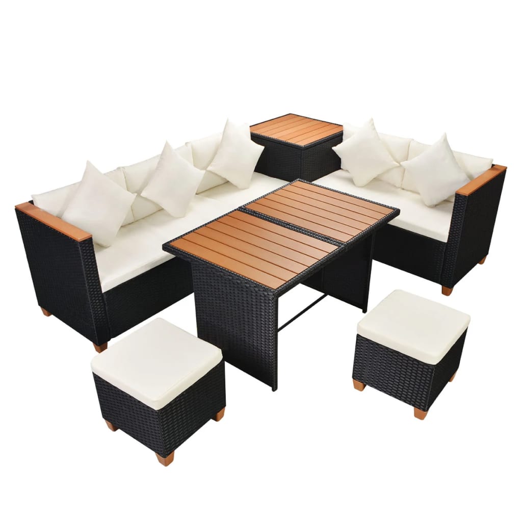 7 Piece Garden Lounge Set with Cushions Poly Rattan Black