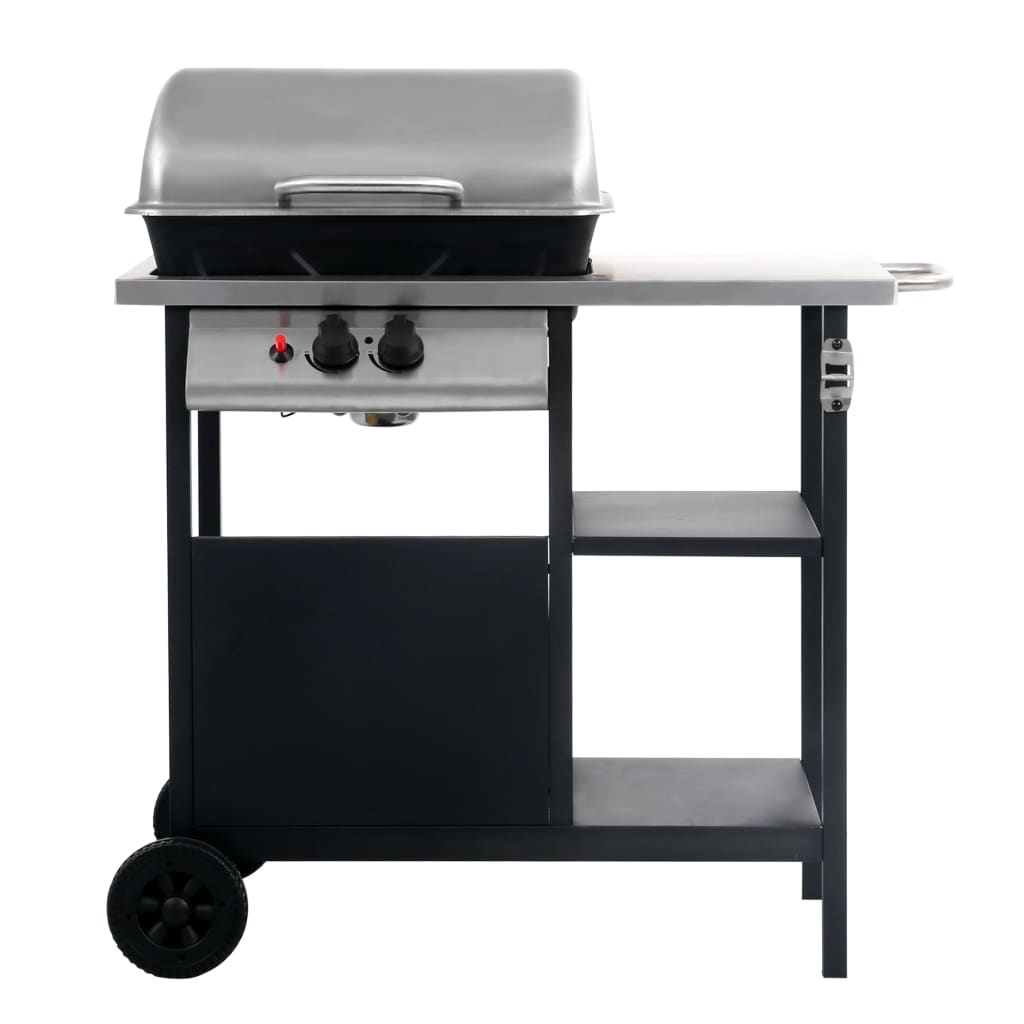 Gas BBQ Grill with 3-layer Side Table Black and Silver