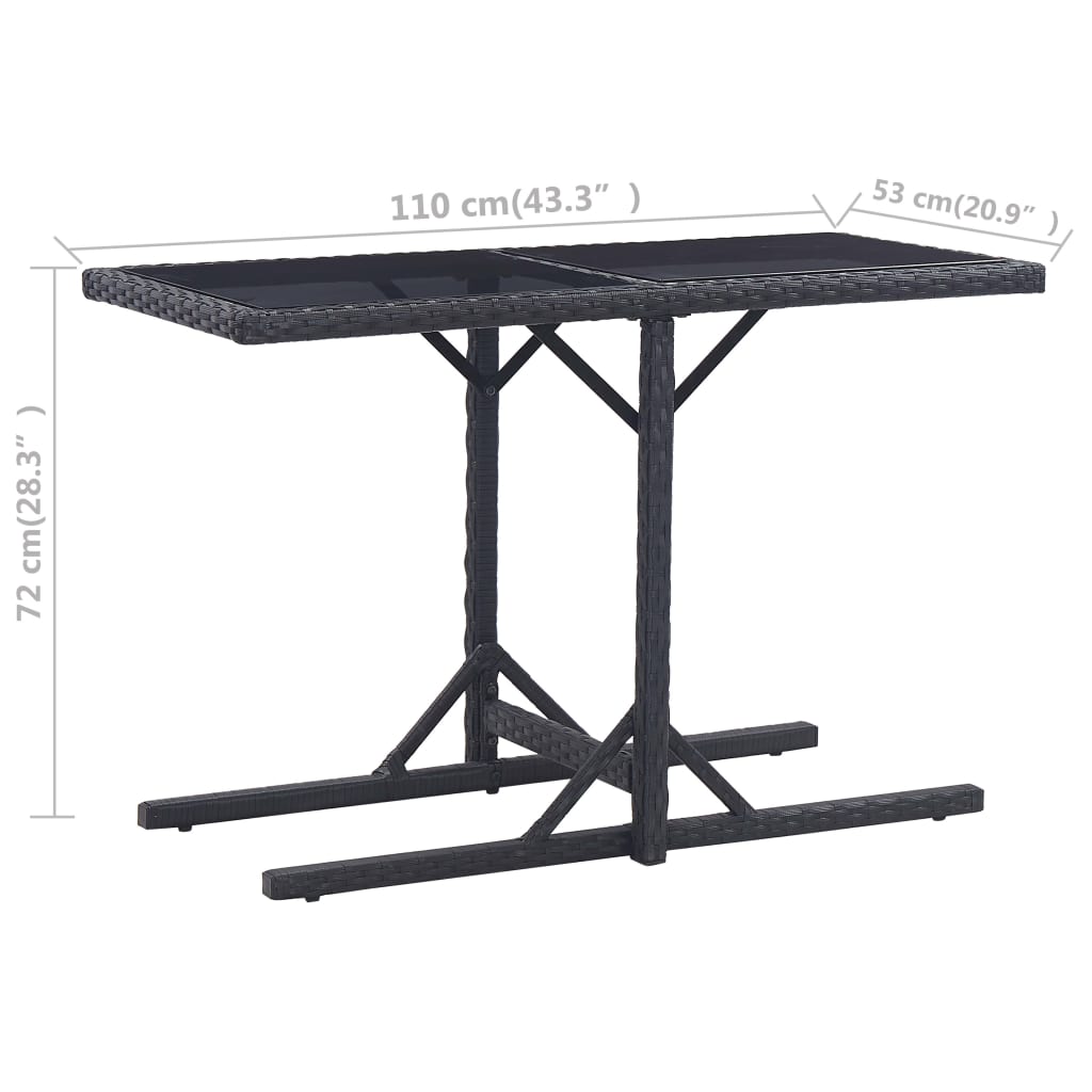 Garden Table Black 110x53x72 cm Glass and Poly Rattan