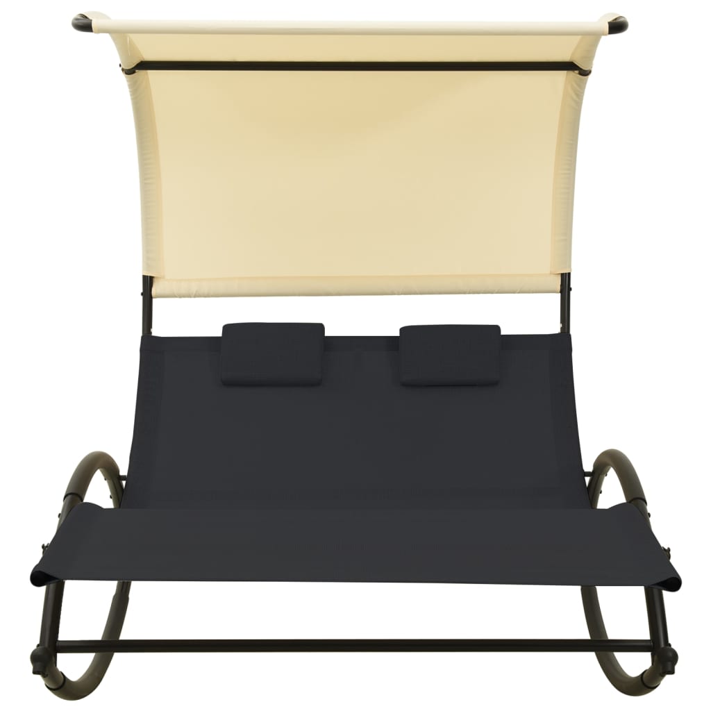 Double Sun Lounger with Canopy Textilene Black and Cream