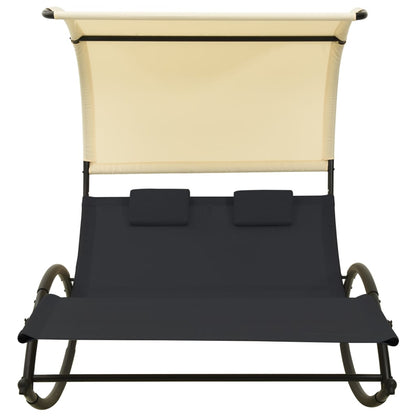 Double Sun Lounger with Canopy Textilene Black and Cream