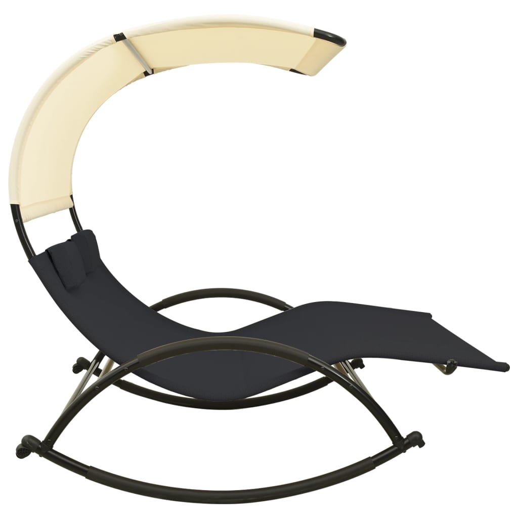 Double Sun Lounger with Canopy Textilene Black and Cream