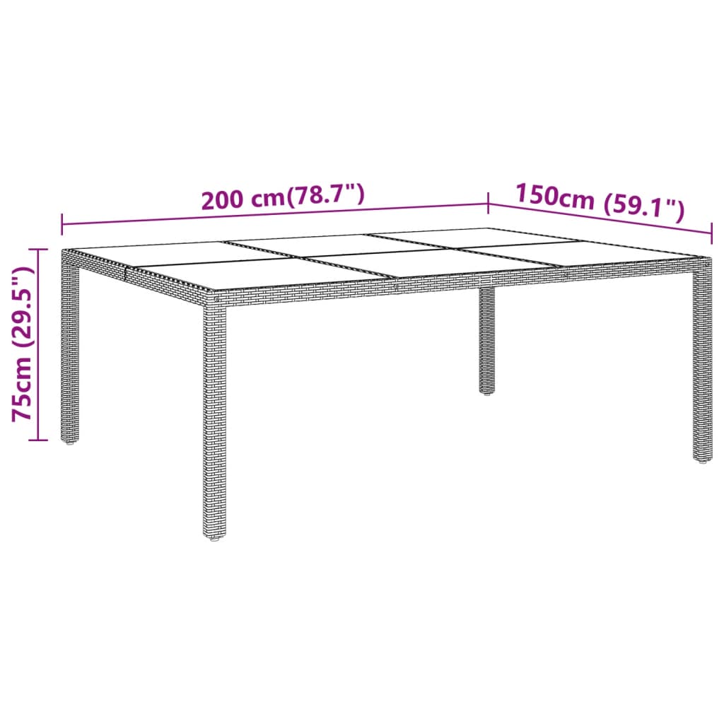 Garden Table 200x150x75 cm Tempered Glass and Poly Rattan Grey