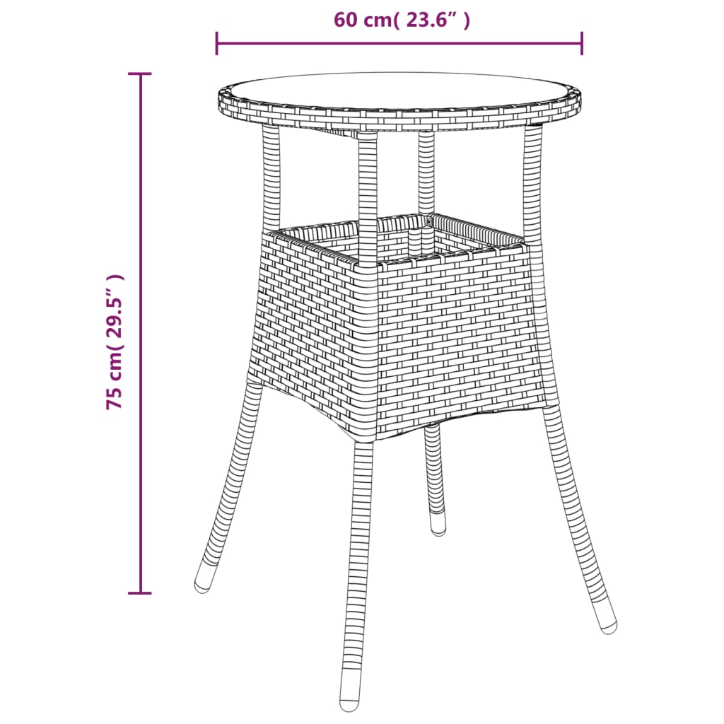 Garden Table Ã˜60x75 cm Tempered Glass and Poly Rattan Brown