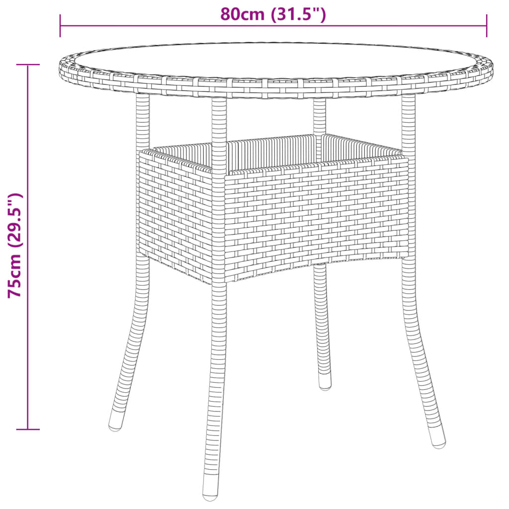 Garden Table Ã˜80x75 cm Tempered Glass and Poly Rattan Brown