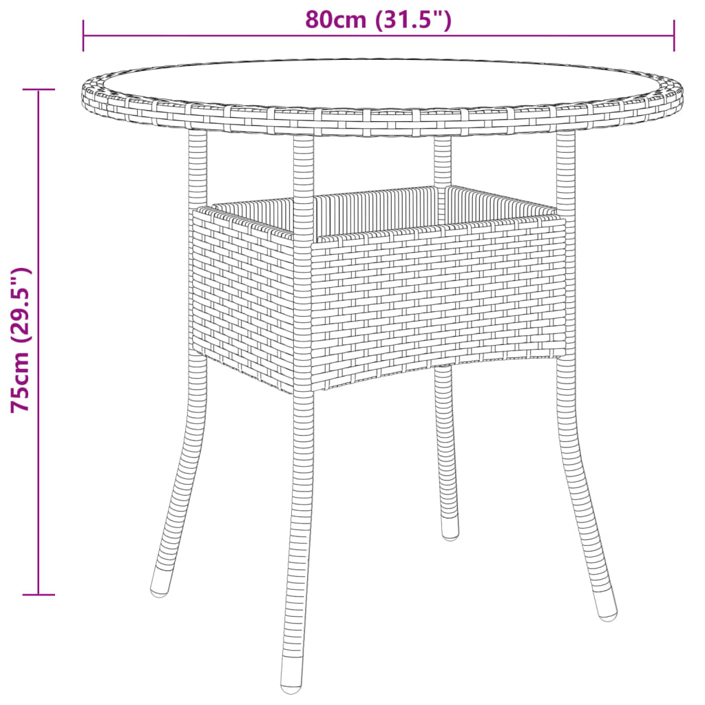 Garden Table Ã˜80x75 cm Tempered Glass and Poly Rattan Grey