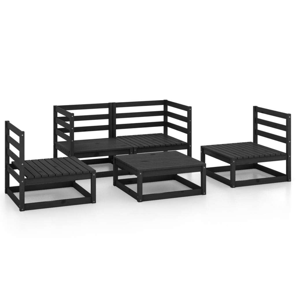 5 Piece Garden Lounge Set Black Solid Wood Pine