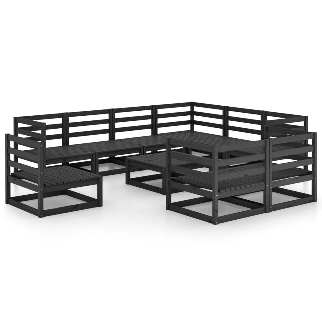 10 Piece Garden Lounge Set Black Solid Pinewood