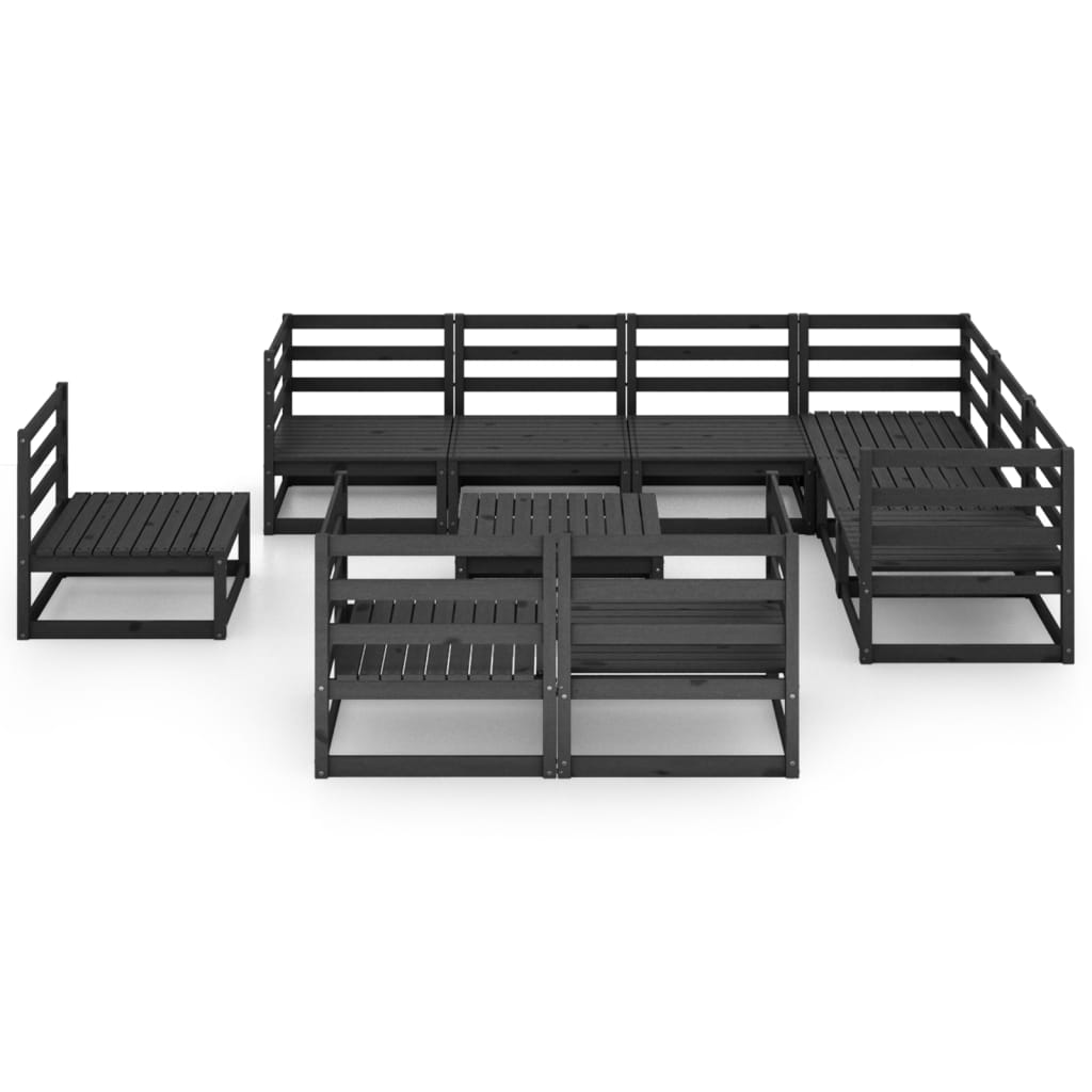 10 Piece Garden Lounge Set Black Solid Pinewood