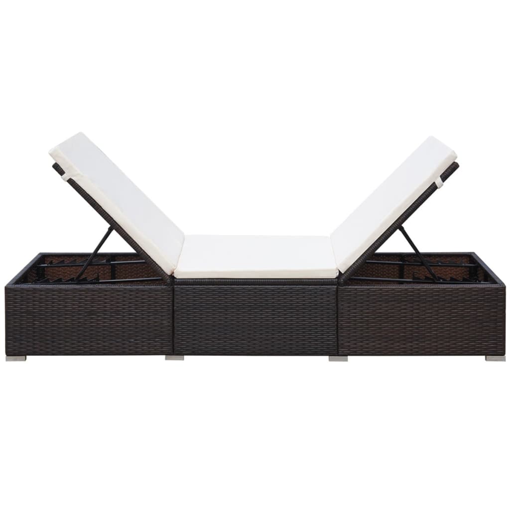 Sun Lounger with Cream White Cushion Poly Rattan Brown