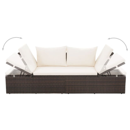 Outdoor Lounge Bed with Cushion & Pillows Poly Rattan Brown