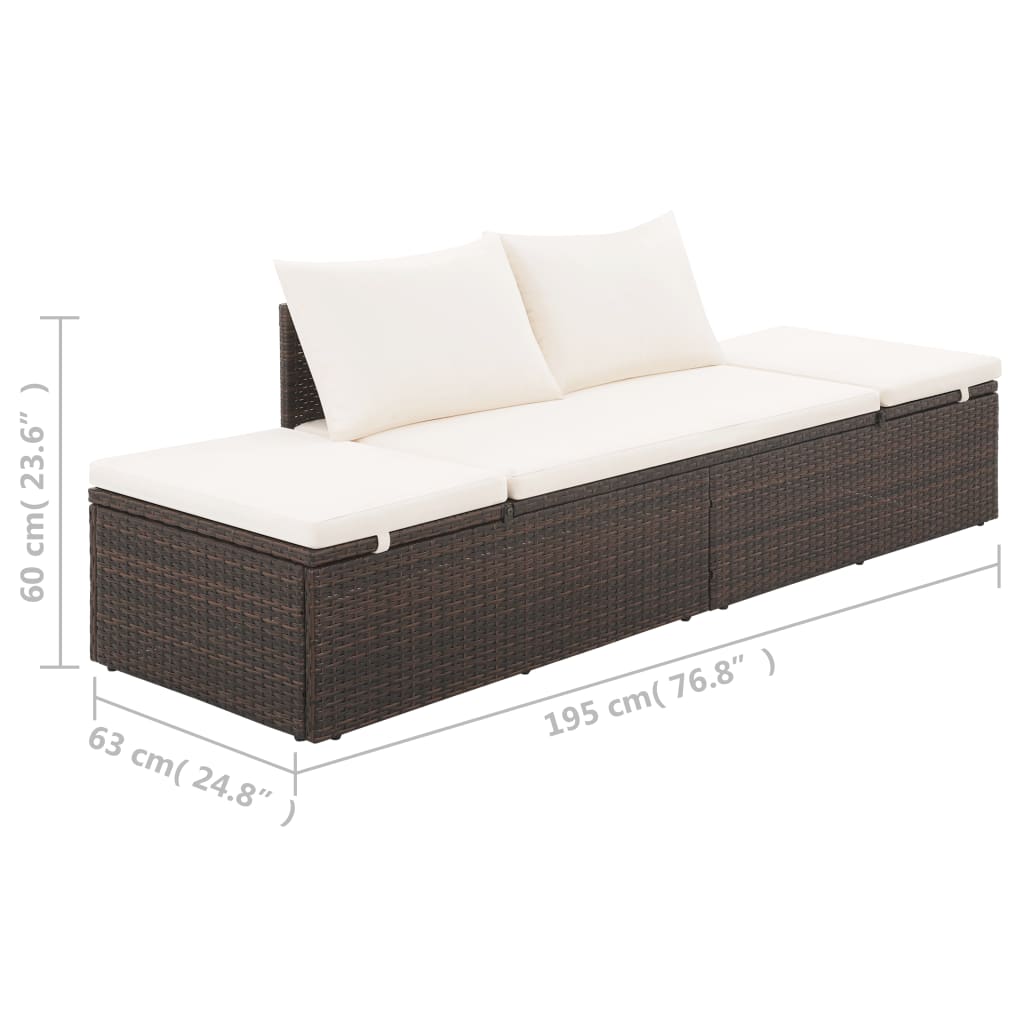 Outdoor Lounge Bed with Cushion & Pillows Poly Rattan Brown