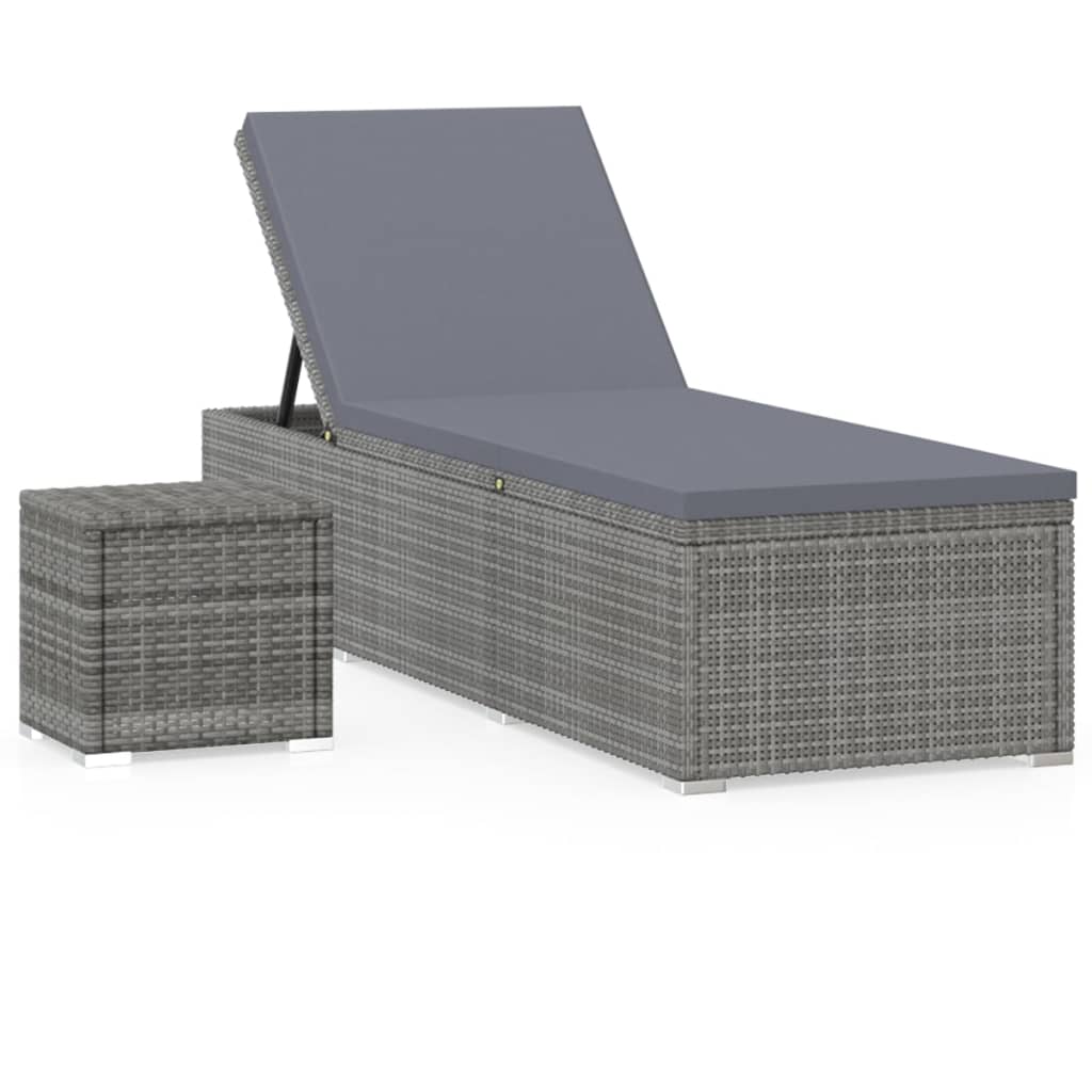 Sun Lounger with Cushion and Tea Table Poly Rattan Grey