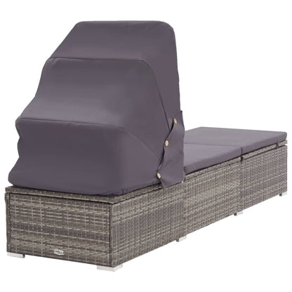 Sun Lounger with Canopy and Cushion Poly Rattan Grey