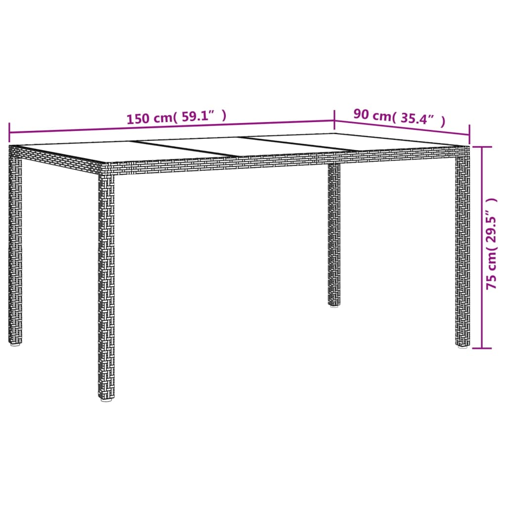 Garden Table 150x90x75 cm Tempered Glass and Poly Rattan Grey