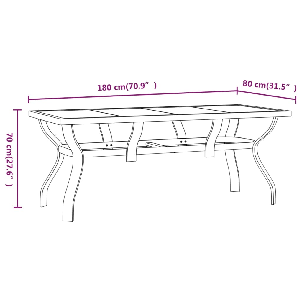 Garden Table Black 180x80x70 cm Steel and Glass