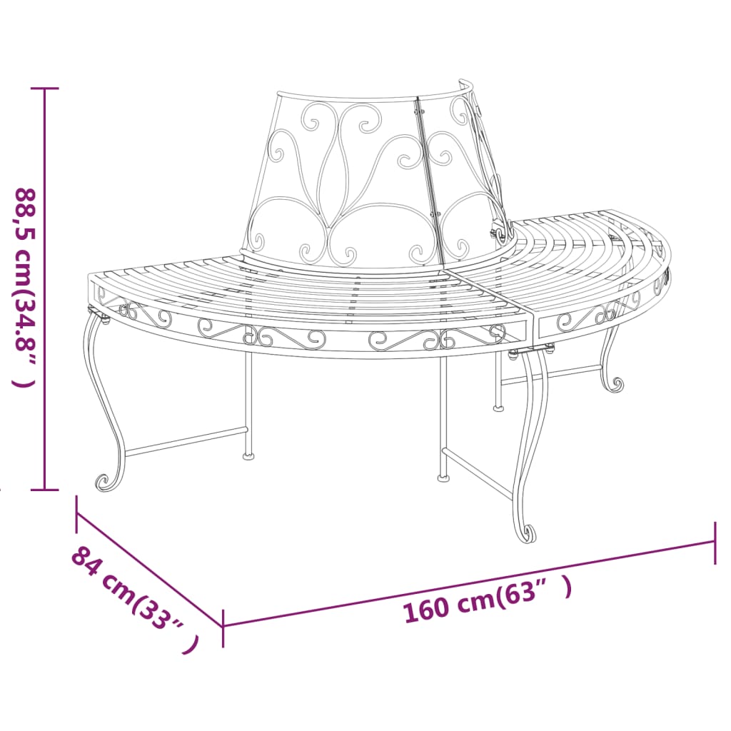 Half Round Tree Bench 2 pcs Ã˜160 cm Black Steel