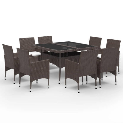 9 Piece Garden Dining Set Poly Rattan and Tempered Glass Brown