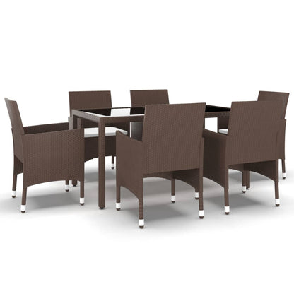 7 Piece Garden Dining Set Poly Rattan and Tempered Glass Brown