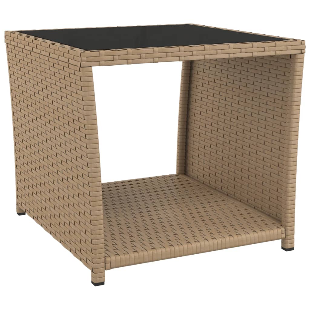 Tea Table with Glass Top Beige Poly Rattan&Tempered Glass