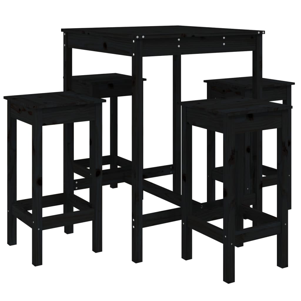 5 Piece Garden Bar Set Black Solid Wood Pine