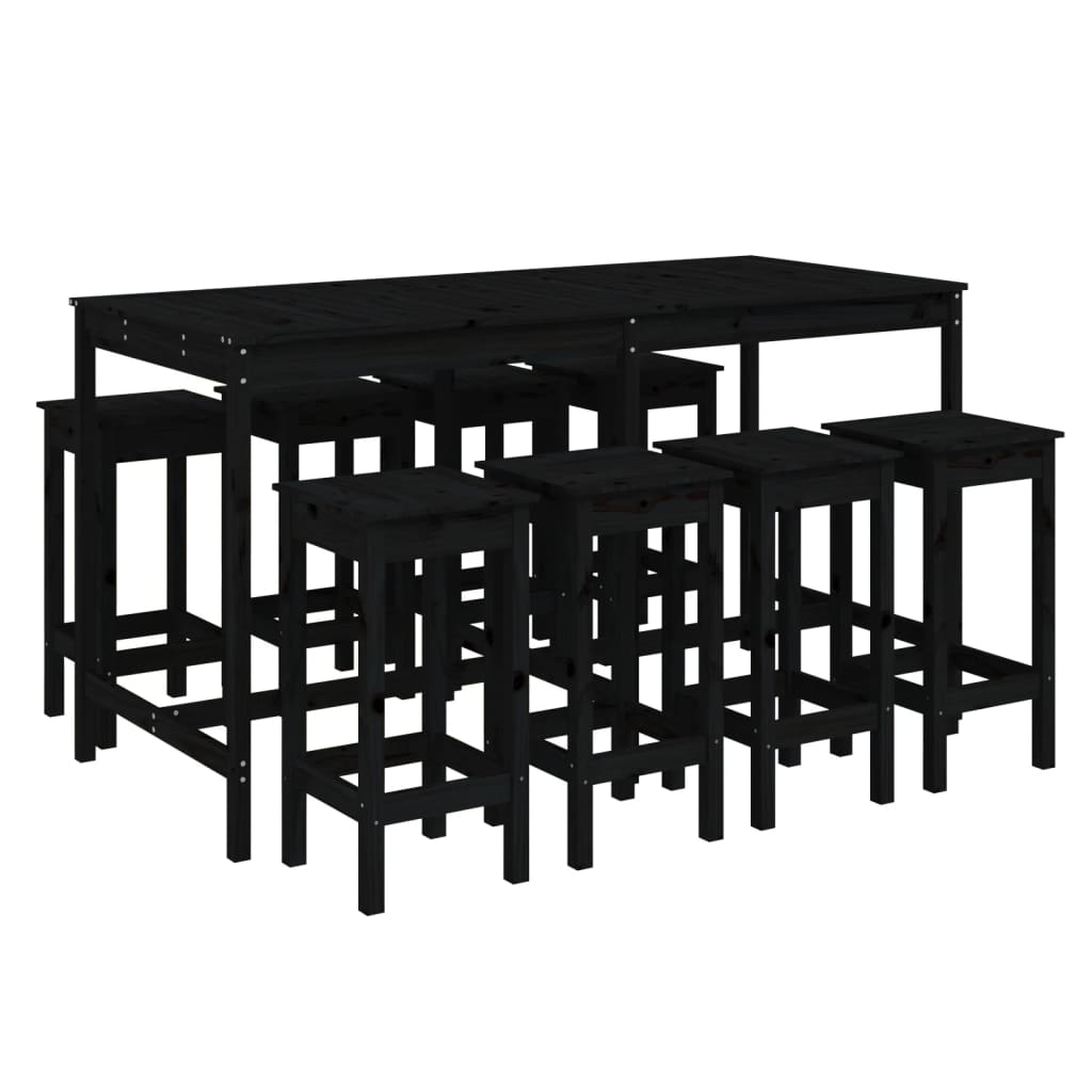 9 Piece Garden Bar Set Black Solid Wood Pine