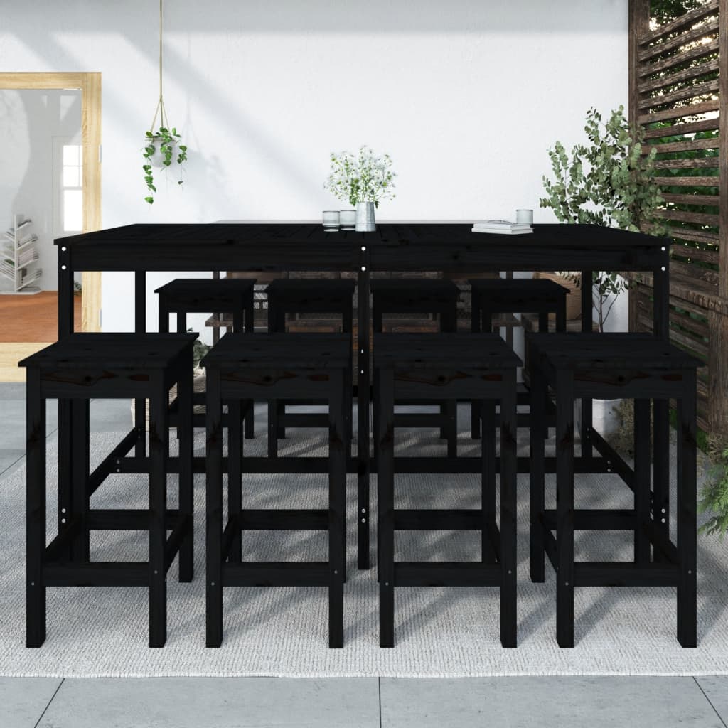 9 Piece Garden Bar Set Black Solid Wood Pine