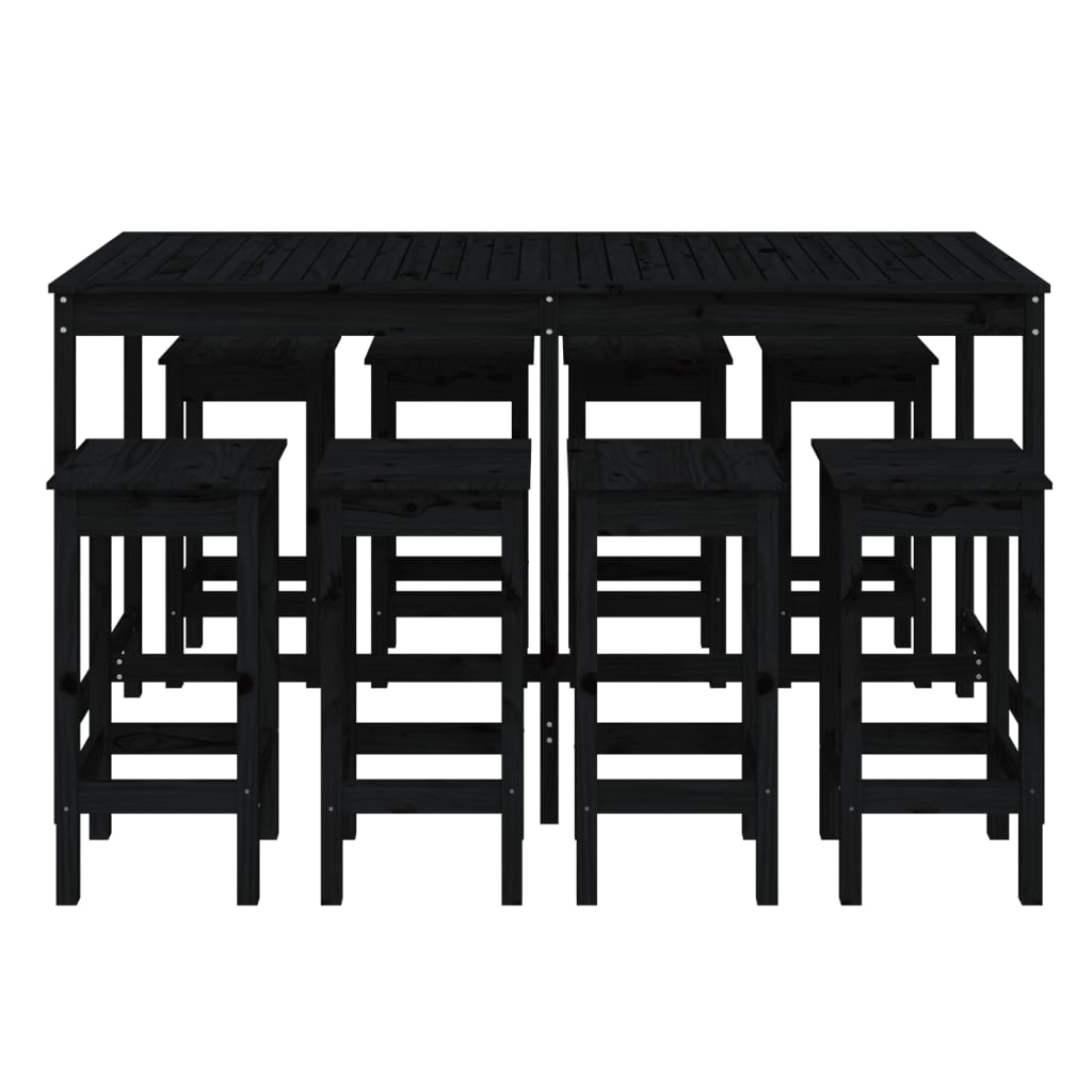 9 Piece Garden Bar Set Black Solid Wood Pine