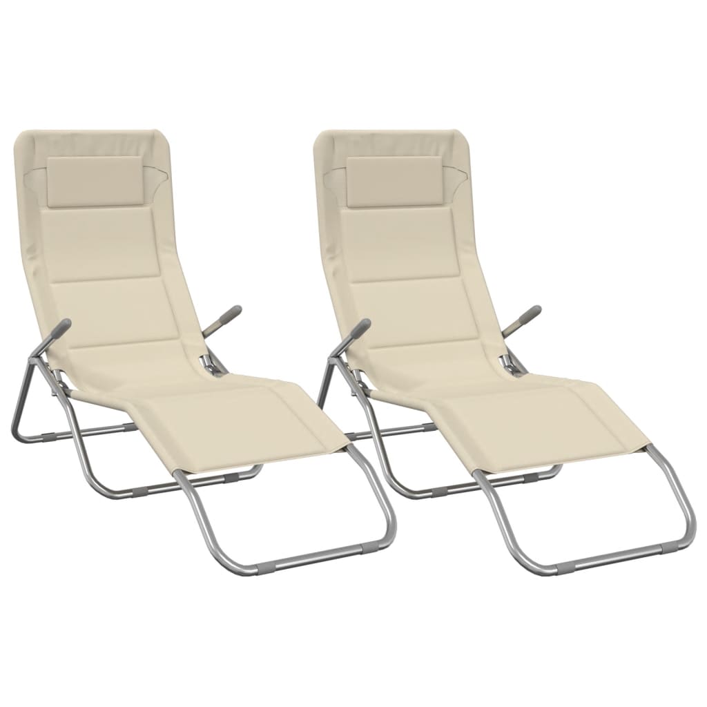 Folding Sun Loungers 2 pcs Cream Textilene&Powder-coated Steel