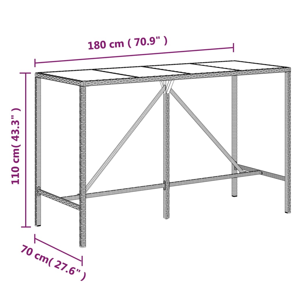 Bar Table with Glass Top Brown 180x70x110 cm Poly Rattan