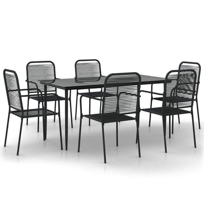 7 Piece Garden Dining Set Black Cotton Rope and Steel