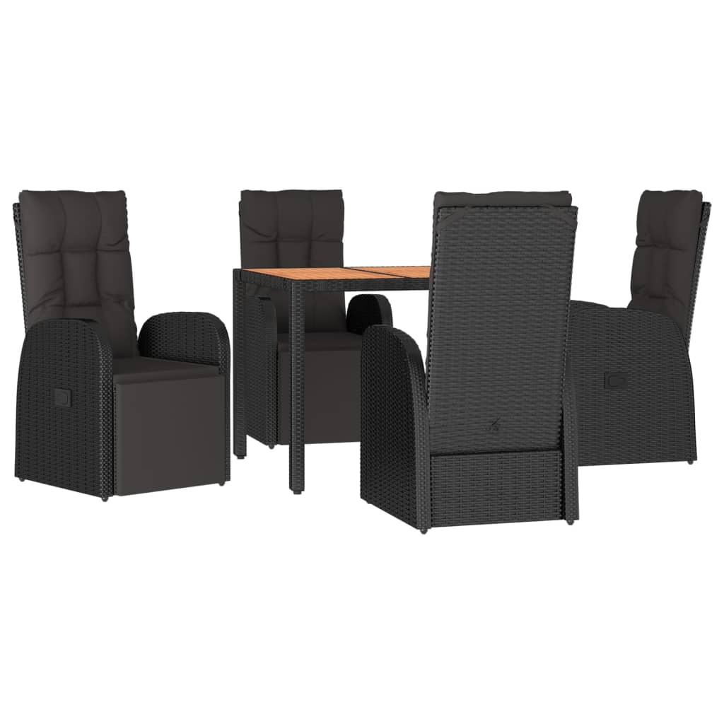 5 Piece Garden Dining Set Black Poly Rattan&Solid Wood Acacia