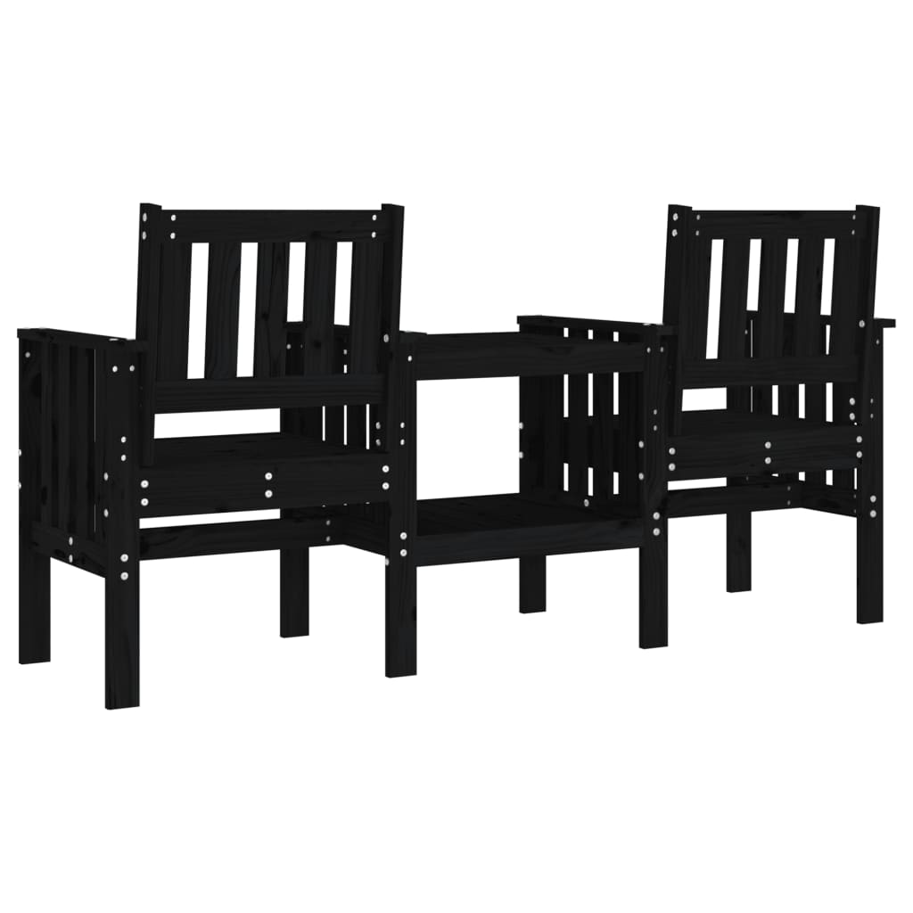 Garden Bench with Table 2-Seater Black Solid Wood Pine