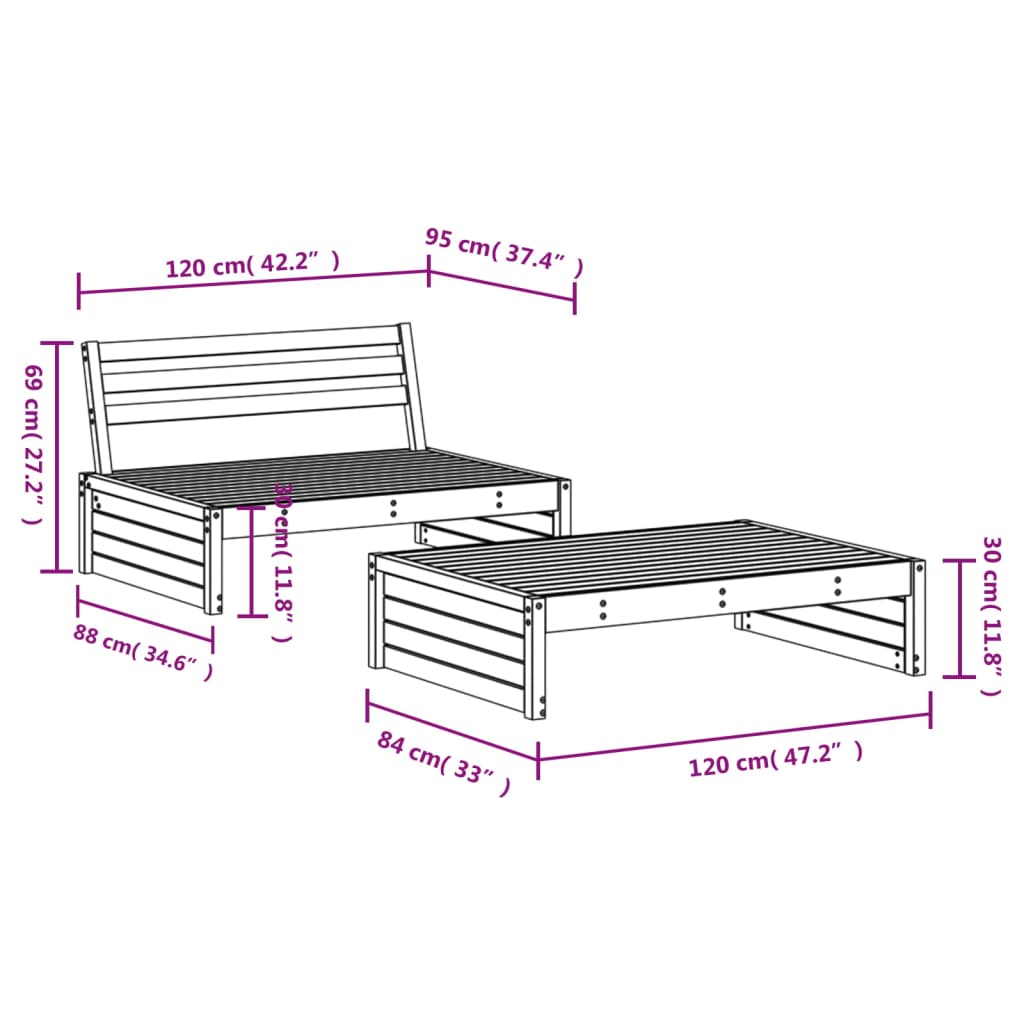 2 Piece Garden Lounge Set Black Solid Wood Pine