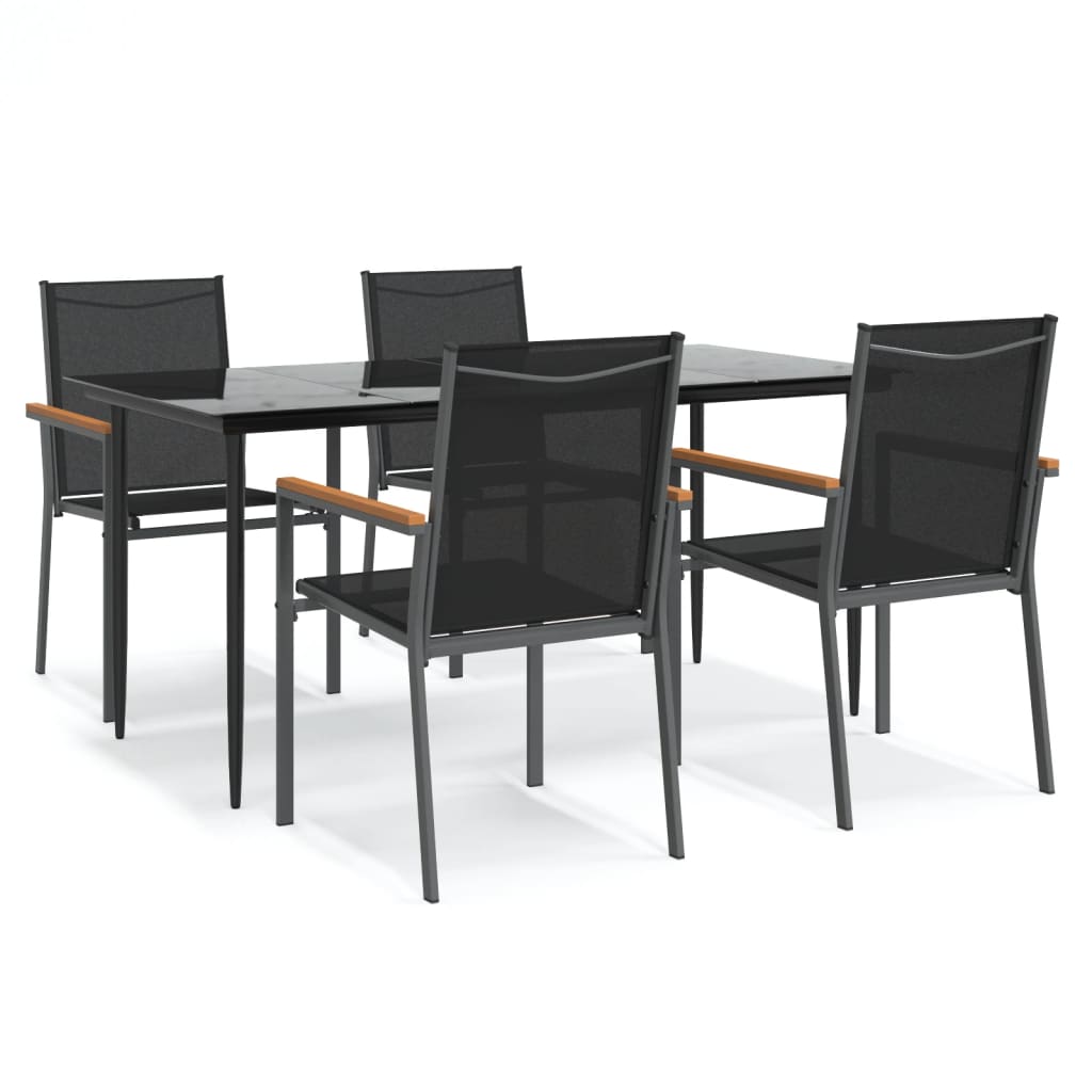 5 Piece Garden Dining Set Black Textilene and Steel