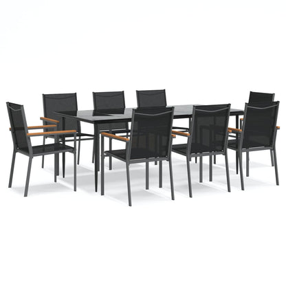 9 Piece Garden Dining Set Black Textilene and Steel