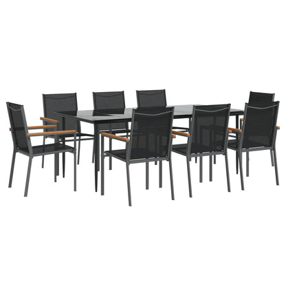 9 Piece Garden Dining Set Black Textilene and Steel