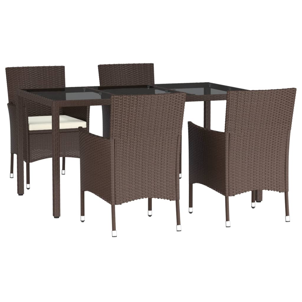 5 Piece Garden Dining Set with Cushions Brown Poly Rattan