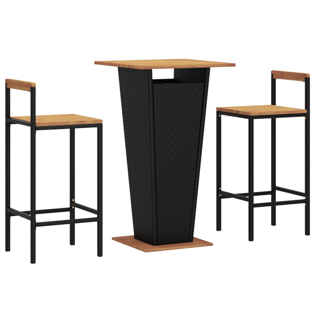 3 Piece Garden Bar Set Black Poly Rattan&Solid Wood Acacia