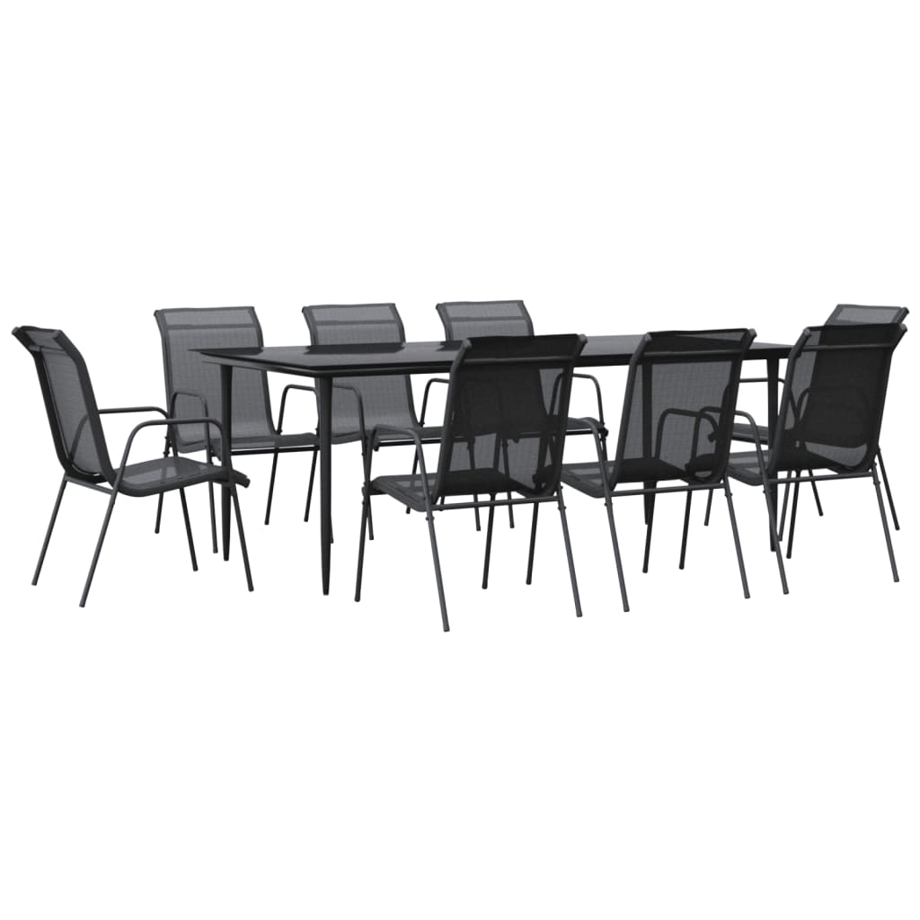 9 Piece Garden Dining Set Black Steel and Textilene