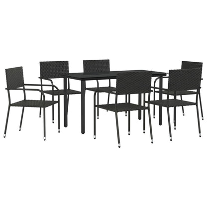 7 Piece Garden Dining Set Black Poly Rattan and Steel