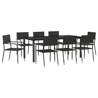 9 Piece Garden Dining Set Black Poly Rattan and Steel