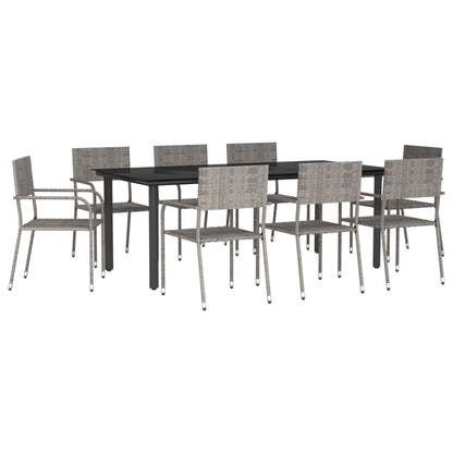 9 Piece Garden Dining Set Grey and Black Poly Rattan and Steel