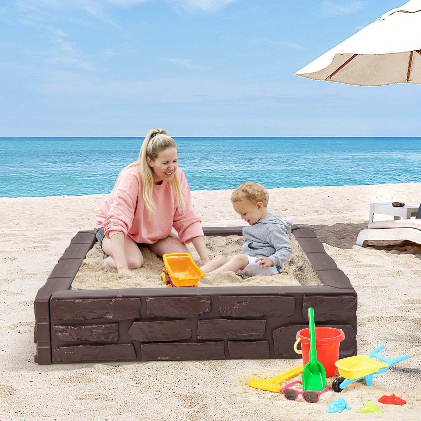 Sandbox with Cover and Bottom Liner for Backyard-Brown