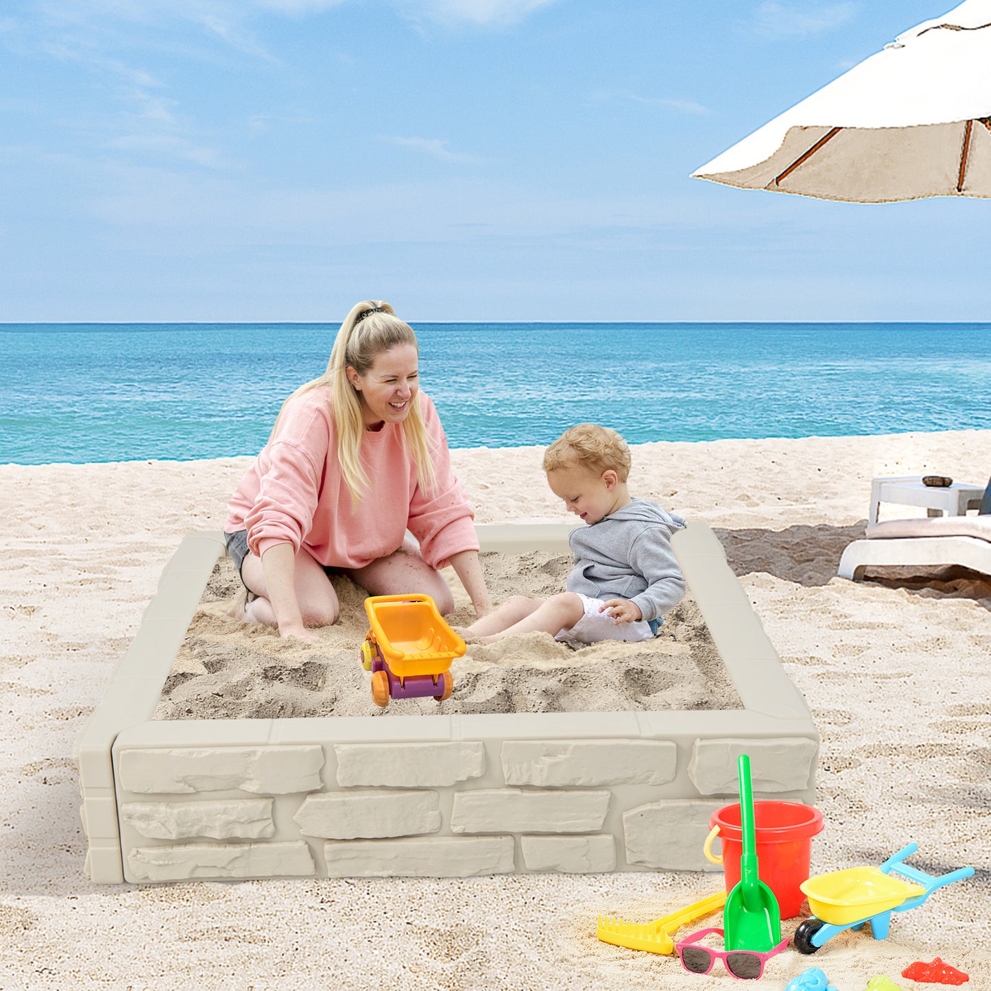 Sandbox with Cover and Bottom Liner for Backyard-White