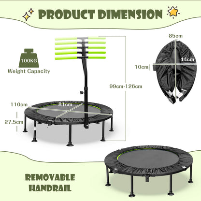 110 CM Mini Trampoline Bounce with Height Adjustable Handrail-Green