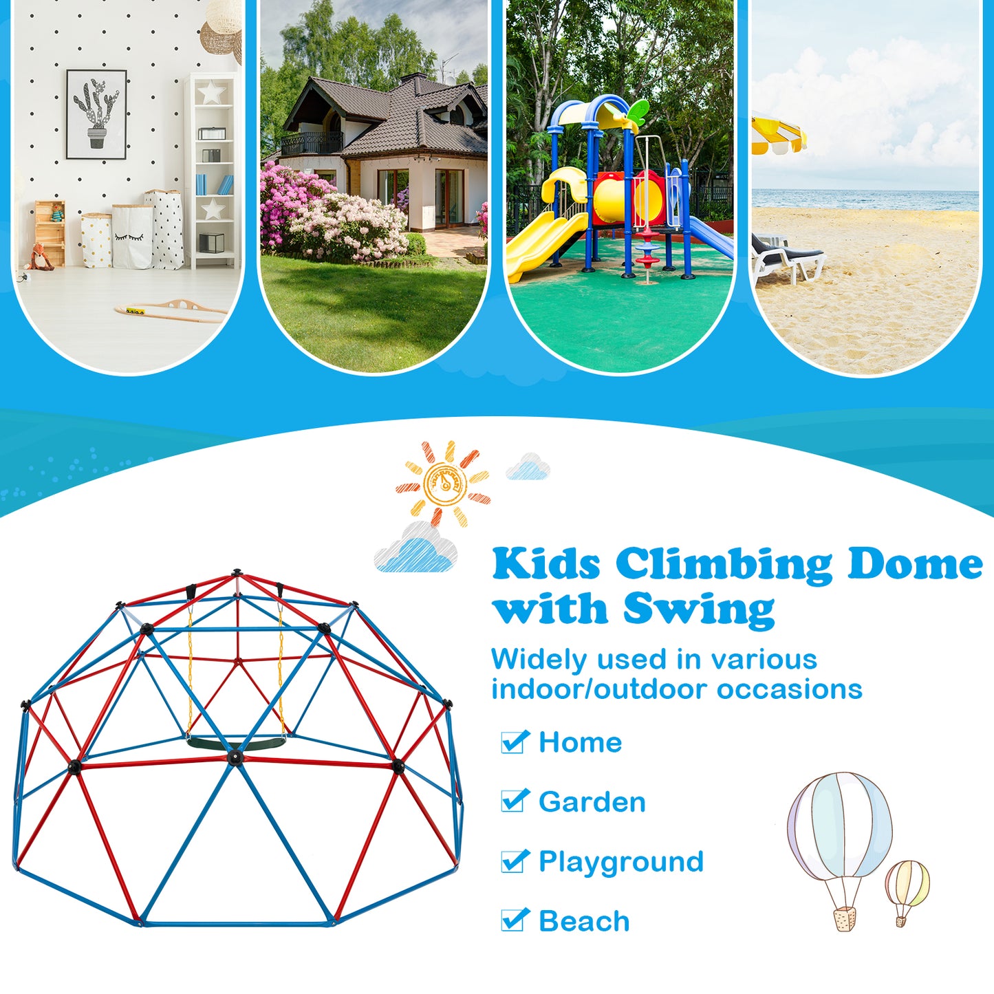 10FT Kids Geometric Dome Climber with Convenient Grip-Blue &amp; Red