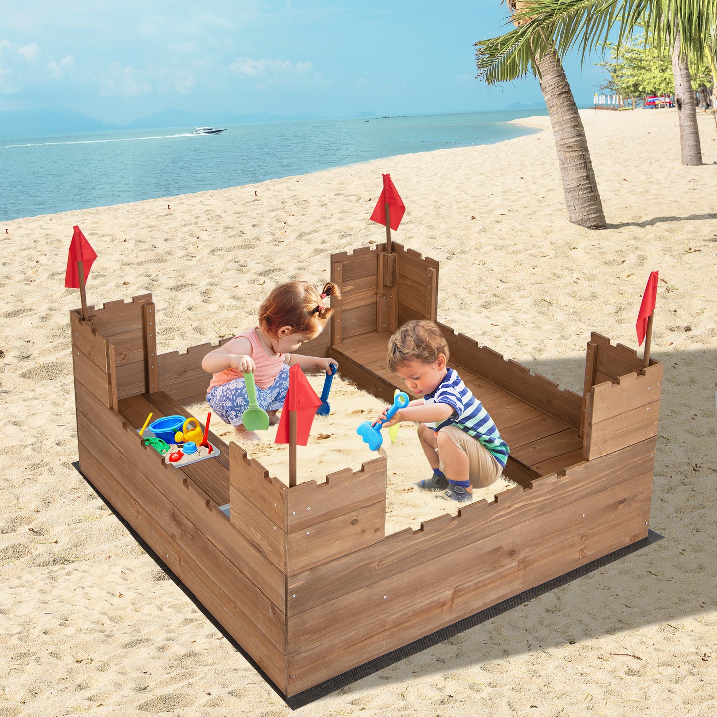 Solid Wood Kids Sandbox with 2 Bench Seats for Age 3+